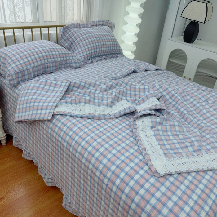 91家纺网 家纺一手货源 找家纺 暖居 2025新款全棉水洗棉床盖三件套可配同款被套同款多功能夏被四季通用 紫小格