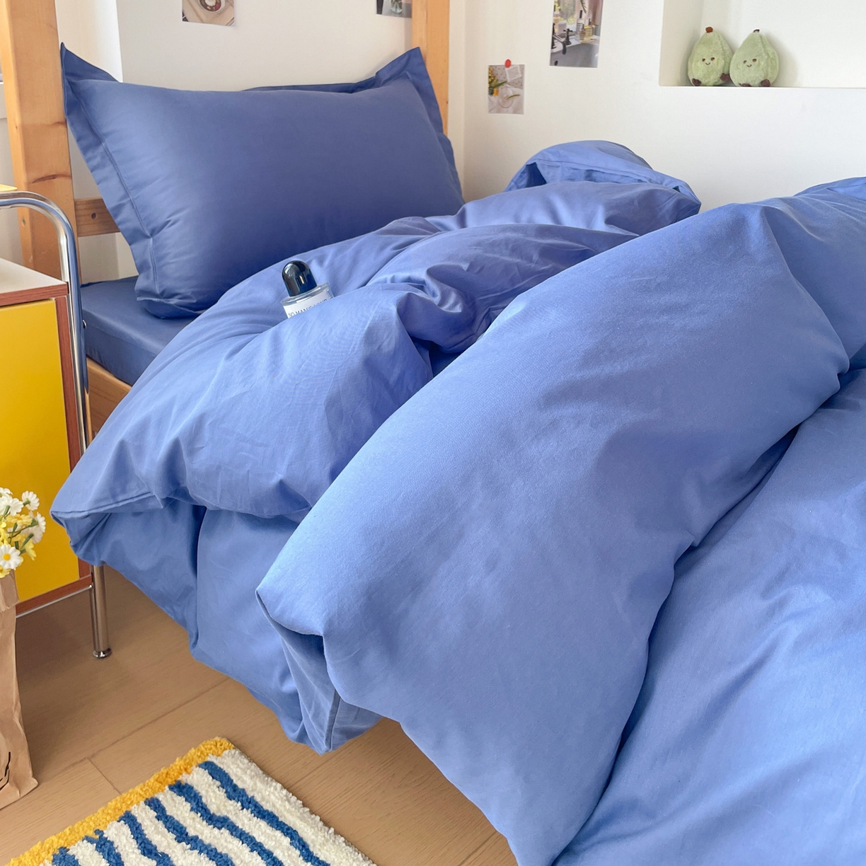 91家纺网 家纺一手货源 找家纺 恩泽家纺 2025新款全棉双拼学生宿舍三件套 藏青色