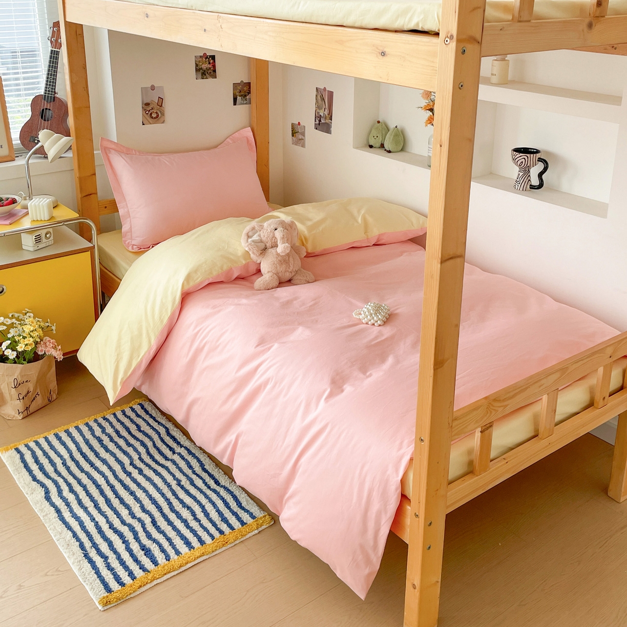 91家纺网 家纺一手货源 找家纺 恩泽家纺 2025新款全棉双拼学生宿舍三件套 玉色+鹅黄