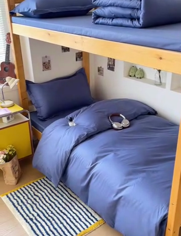 91家纺网 家纺一手货源 找家纺 恩泽家纺 2025新款全棉双拼学生宿舍三件套 藏青色