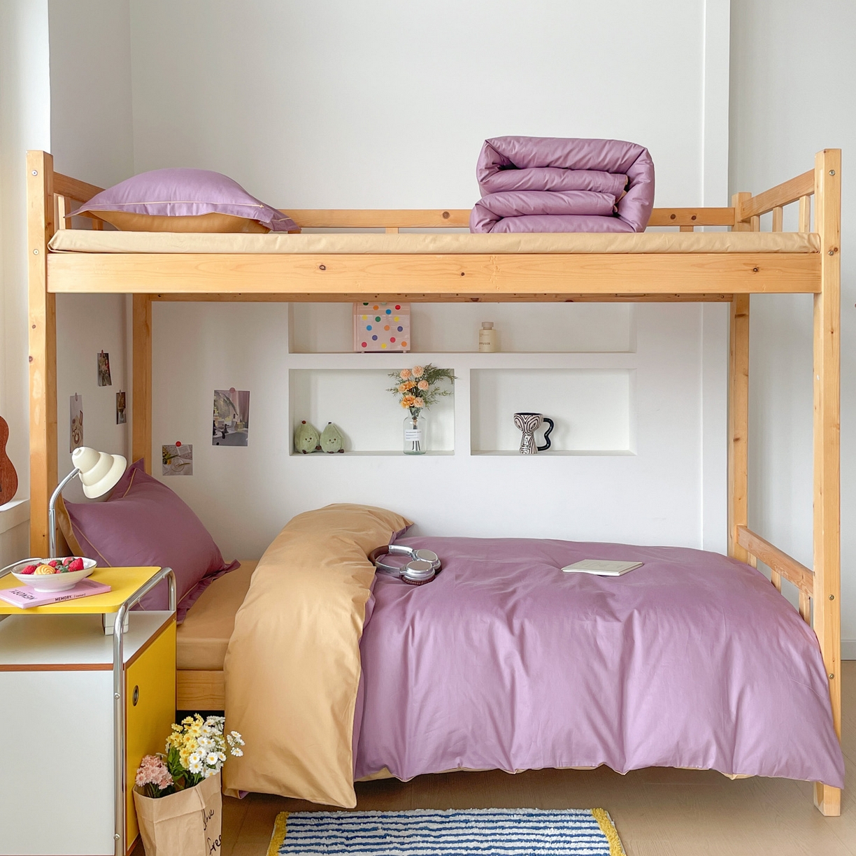 91家纺网 家纺一手货源 找家纺 恩泽家纺 2025新款全棉双拼学生宿舍三件套 灰紫+卡其