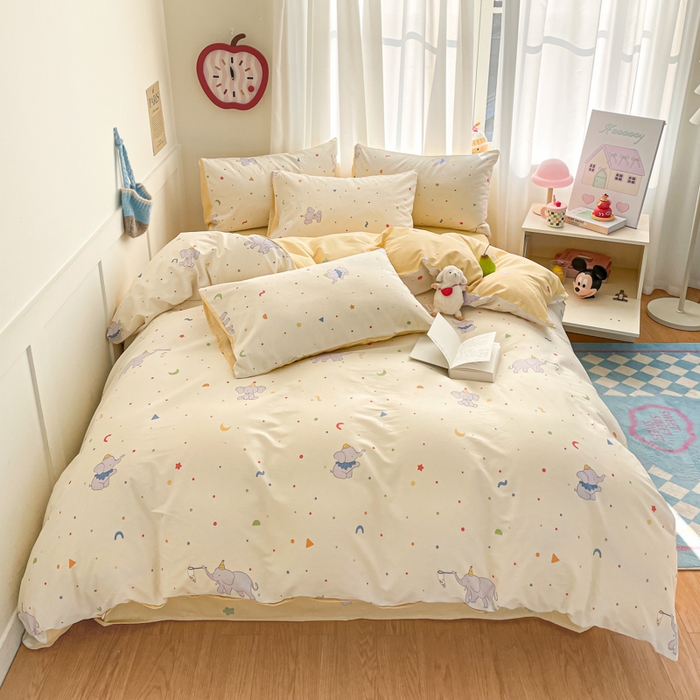 91家纺网 家纺一手货源 找家纺 首尔家纺 2025新款学生季全棉跑量款四件套系列卡通小清新AB版学生三件套 彩点小象