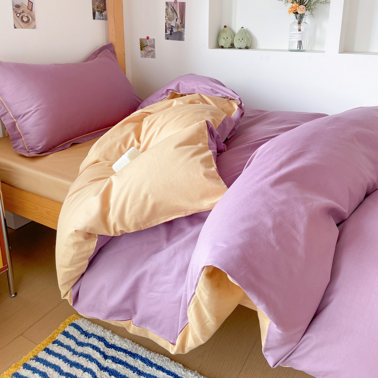 91家纺网 家纺一手货源 找家纺 恩泽家纺 2025新款全棉双拼学生宿舍三件套 灰紫+卡其