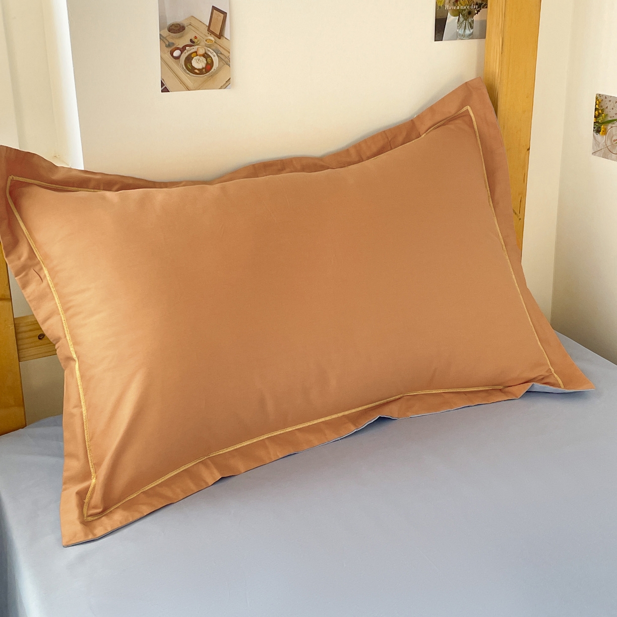 91家纺网 家纺一手货源 找家纺 恩泽家纺 2025新款全棉双拼学生宿舍三件套 红驼+月白兰