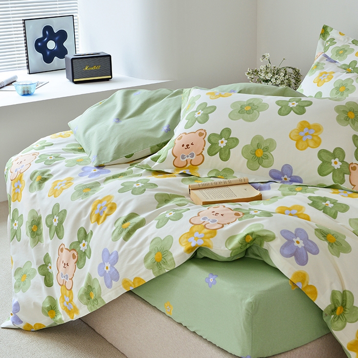 91家纺网 家纺一手货源 找家纺 登登家纺 2025新款全棉床笠四件套系列 可爱小熊-带床笠