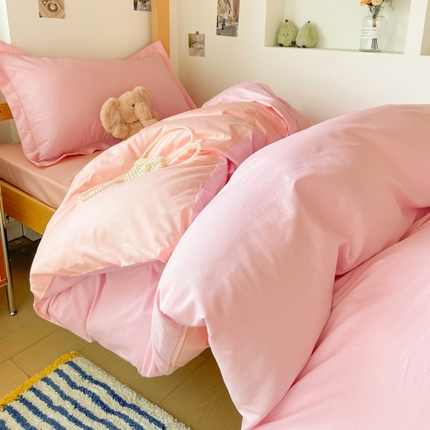 恩泽家纺 2025新款全棉双拼学生宿舍三件套 粉色+玉色