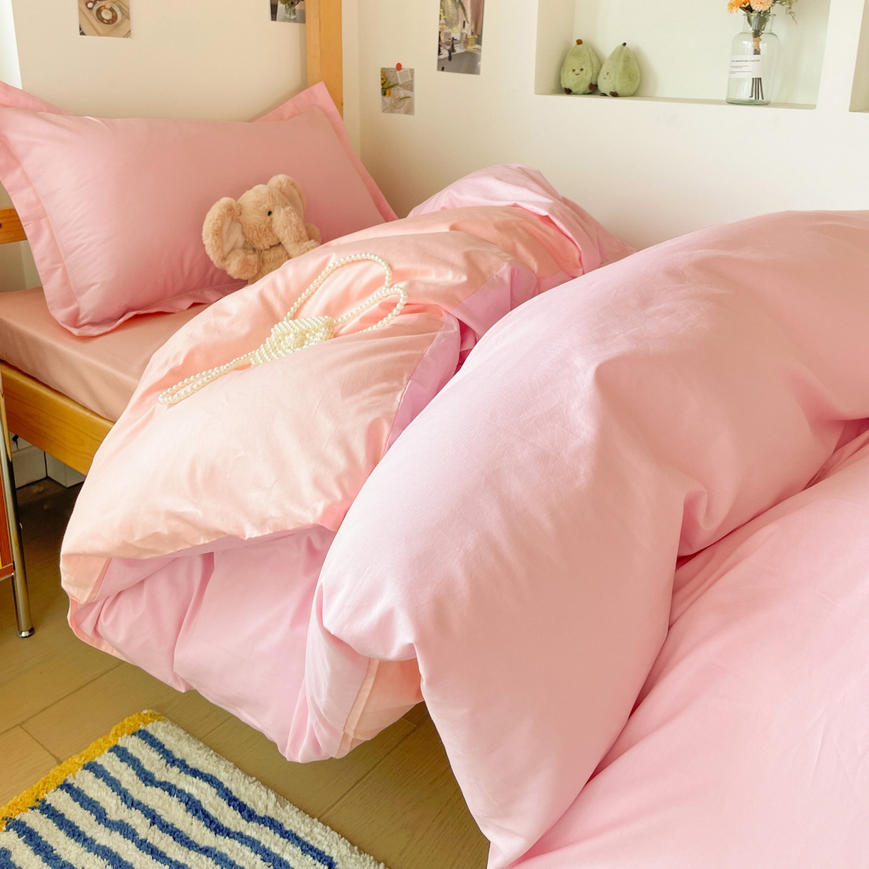 91家纺网 家纺一手货源 找家纺 恩泽家纺 2025新款全棉双拼学生宿舍三件套 粉色+玉色