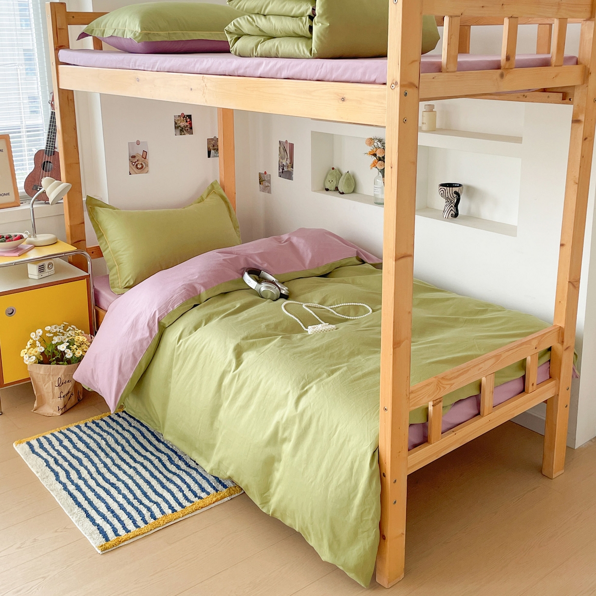 91家纺网 家纺一手货源 找家纺 恩泽家纺 2025新款全棉双拼学生宿舍三件套 果绿+香芋紫