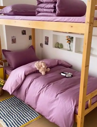 91家纺网 家纺一手货源 找家纺 恩泽家纺 2025新款全棉双拼学生宿舍三件套 灰紫+香芋紫