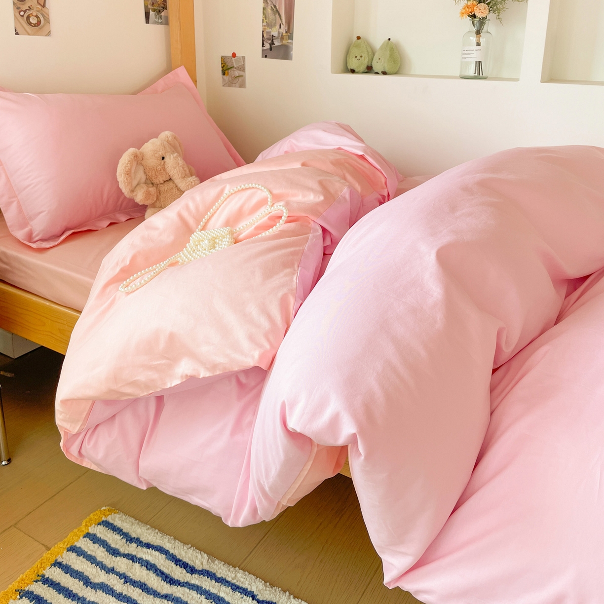 91家纺网 家纺一手货源 找家纺 恩泽家纺 2025新款全棉双拼学生宿舍三件套 粉色+玉色