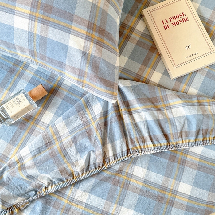 91家纺网 家纺一手货源 找家纺 玖弘家居 2025新款全棉色织水洗棉床笠系列 简兮蓝