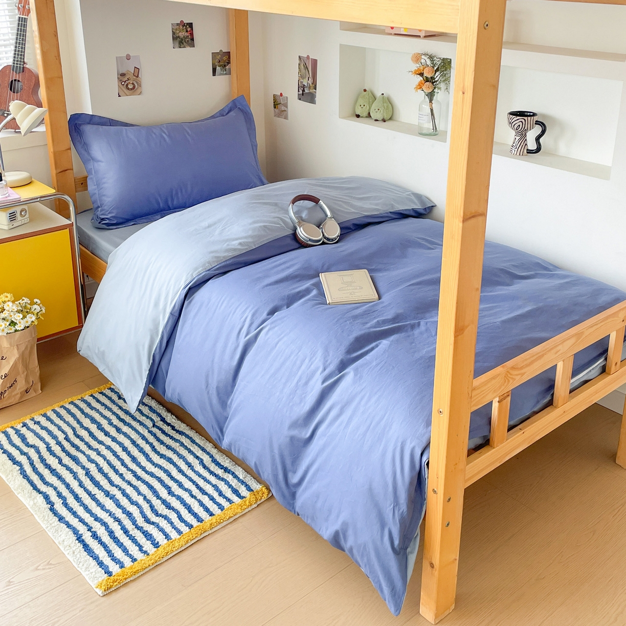 91家纺网 家纺一手货源 找家纺 恩泽家纺 2025新款全棉双拼学生宿舍三件套 藏青+月白兰