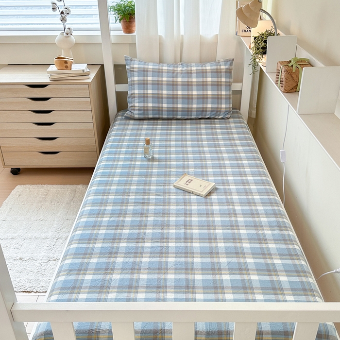 91家纺网 家纺一手货源 找家纺 玖弘家居 2025新款全棉色织水洗棉床笠系列 简兮蓝