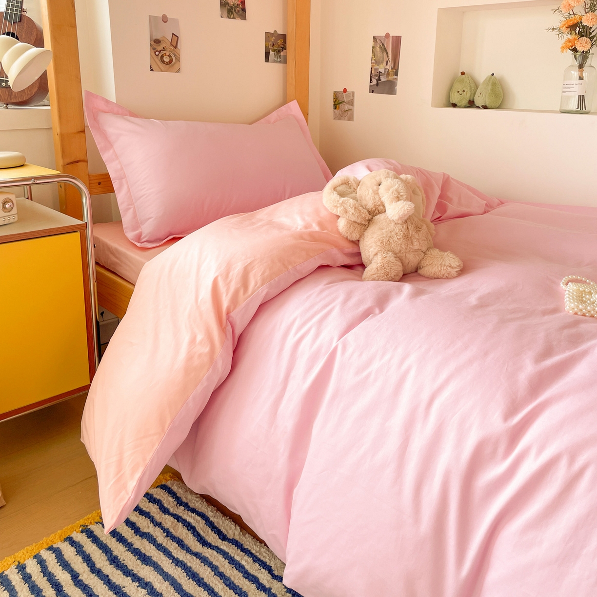 91家纺网 家纺一手货源 找家纺 恩泽家纺 2025新款全棉双拼学生宿舍三件套 粉色+玉色