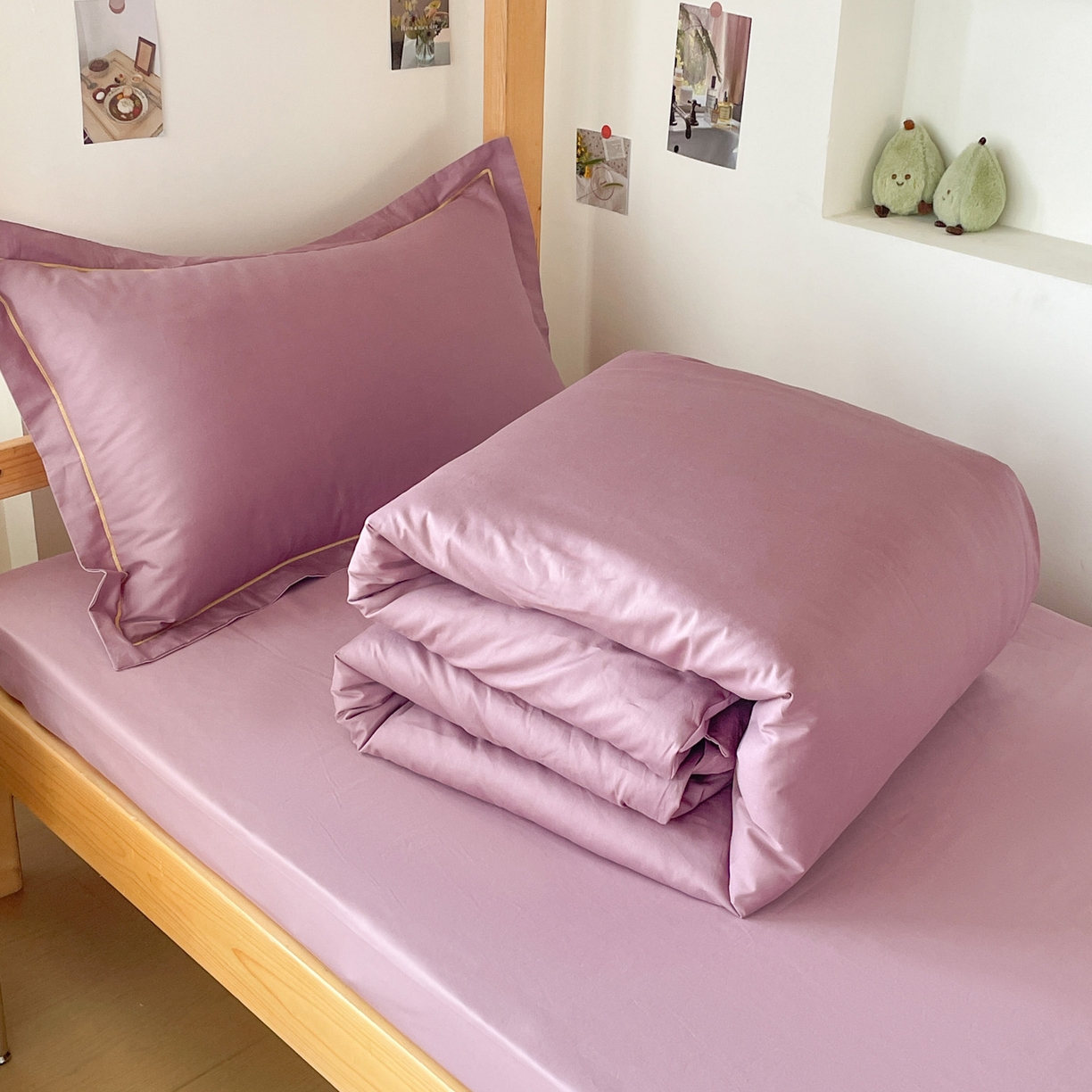 91家纺网 家纺一手货源 找家纺 恩泽家纺 2025新款全棉双拼学生宿舍三件套 果绿+香芋紫