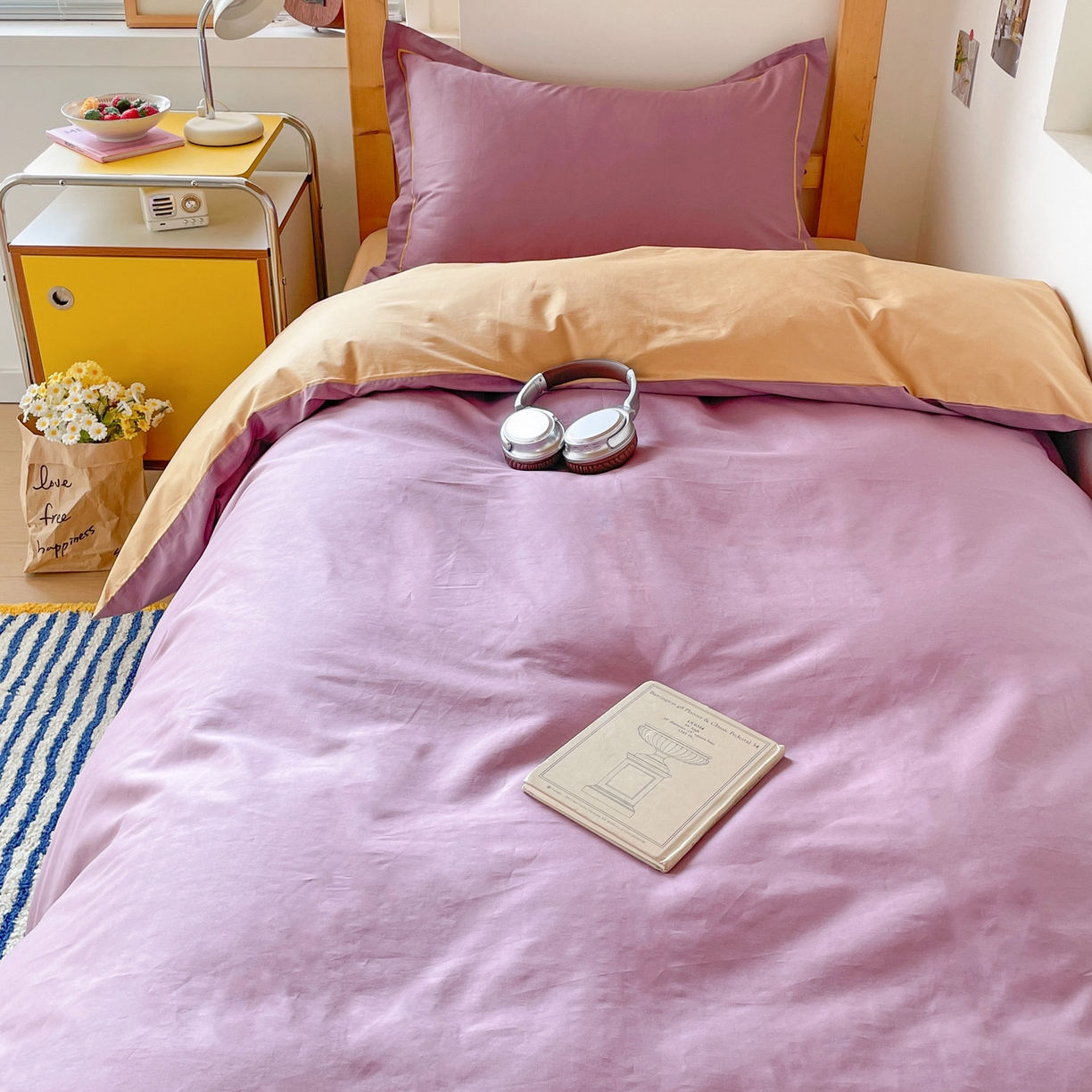 91家纺网 家纺一手货源 找家纺 恩泽家纺 2025新款全棉双拼学生宿舍三件套 灰紫+卡其
