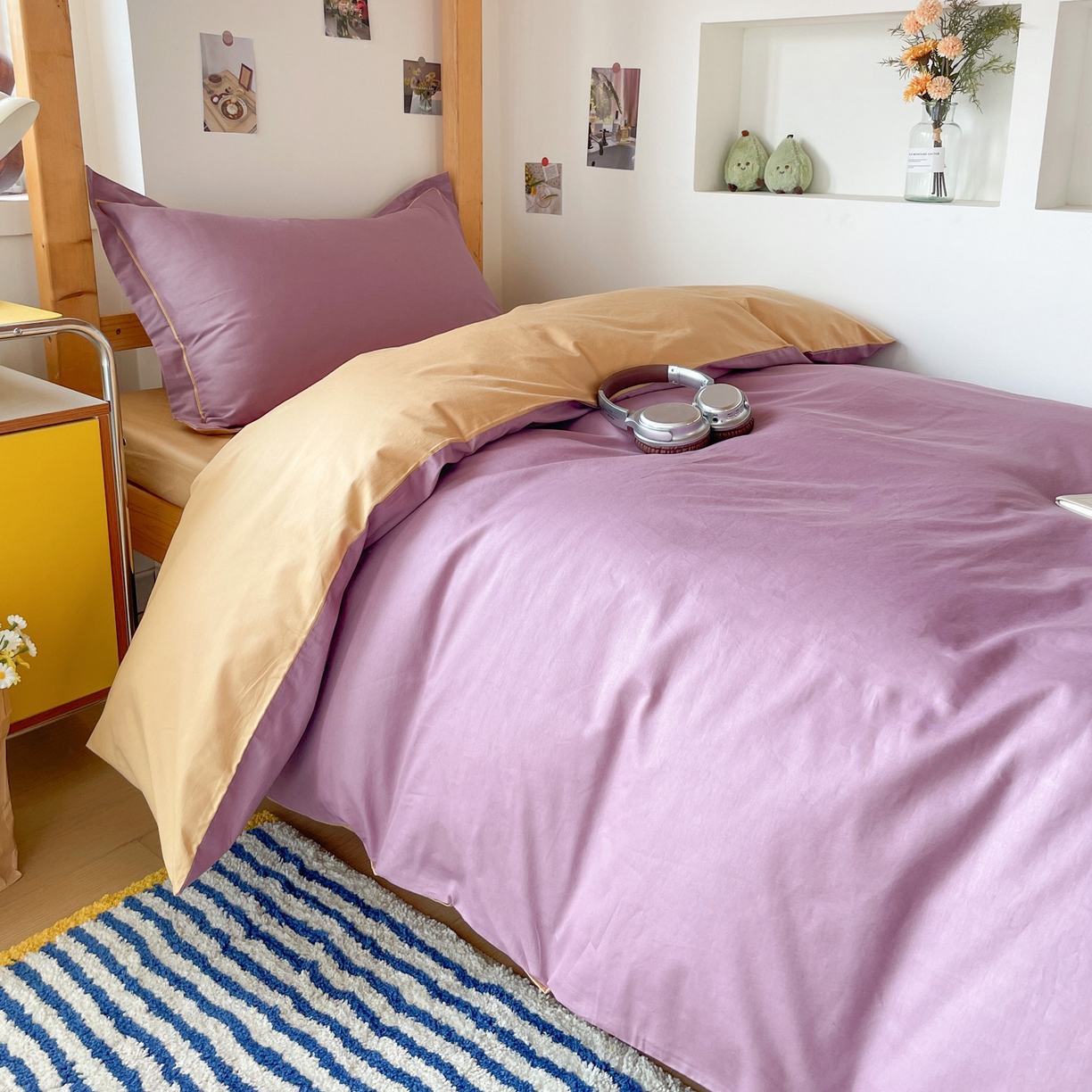 91家纺网 家纺一手货源 找家纺 恩泽家纺 2025新款全棉双拼学生宿舍三件套 灰紫+卡其