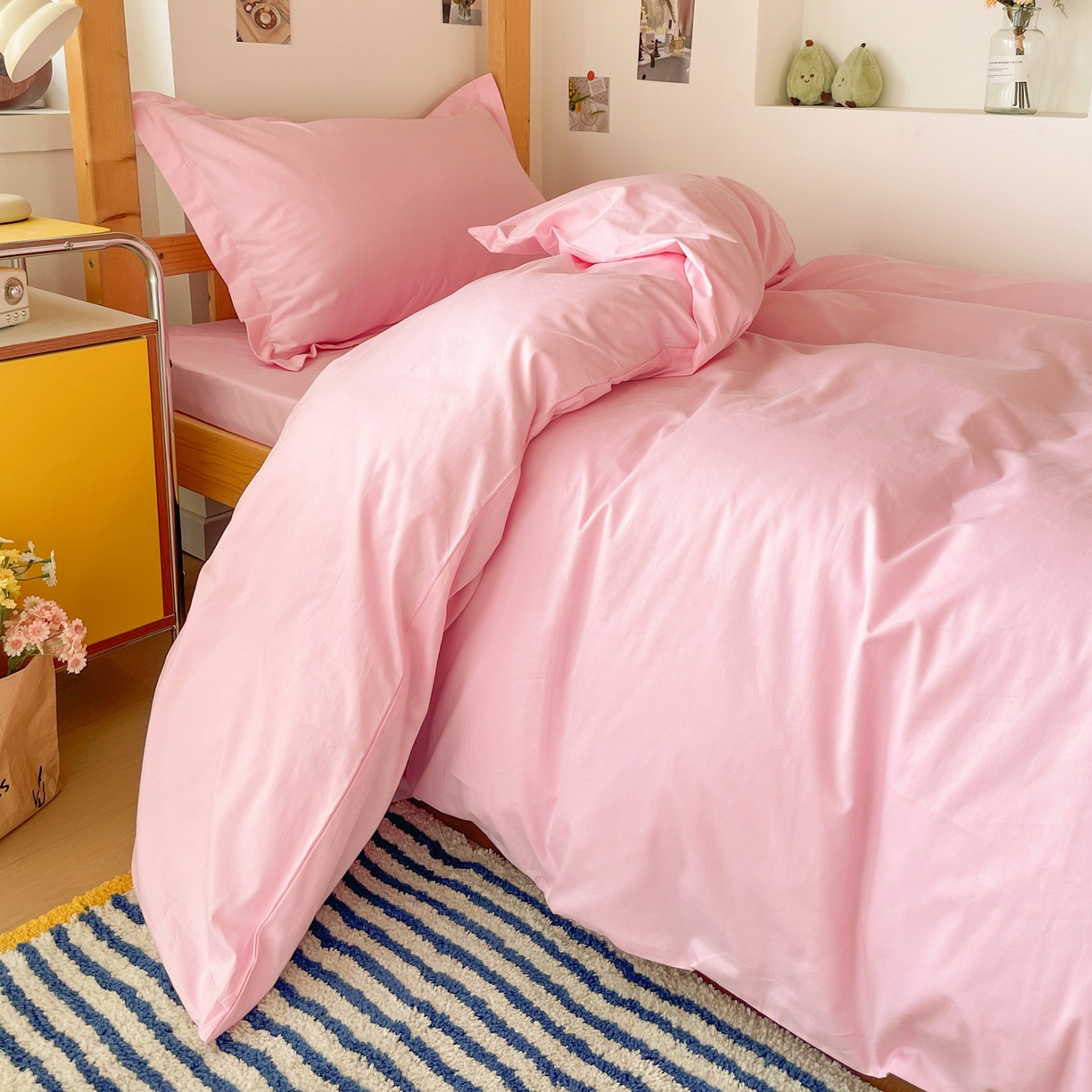 91家纺网 家纺一手货源 找家纺 恩泽家纺 2025新款全棉双拼学生宿舍三件套 粉色