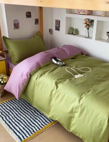 91家纺网 家纺一手货源 找家纺 恩泽家纺 2025新款全棉双拼学生宿舍三件套 果绿+香芋紫