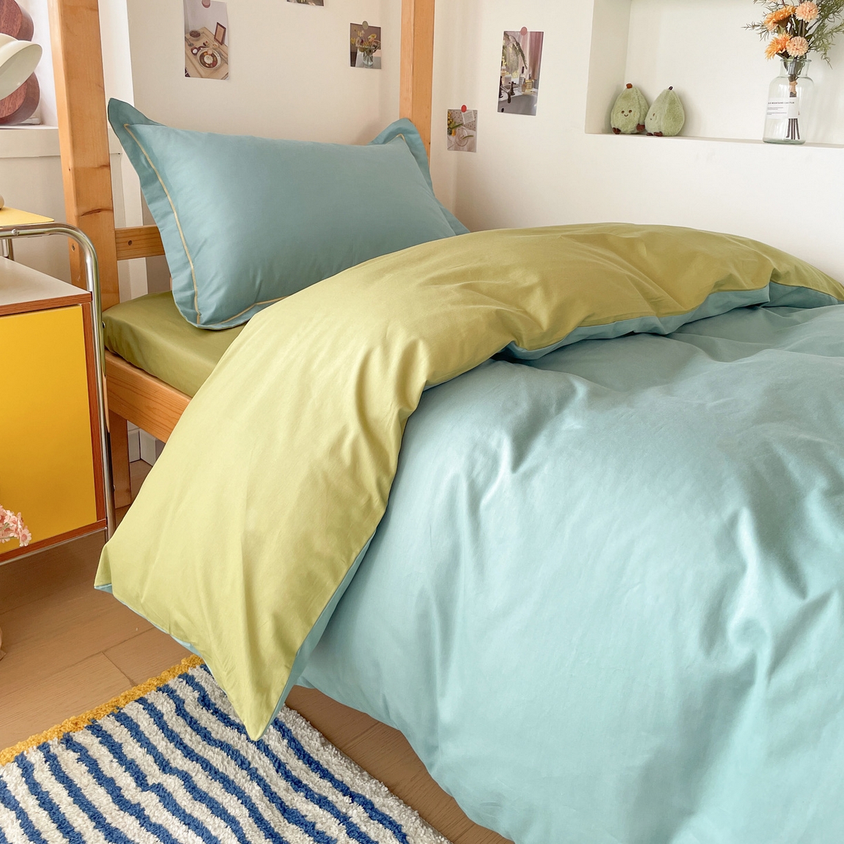 91家纺网 家纺一手货源 找家纺 恩泽家纺 2025新款全棉双拼学生宿舍三件套 灰绿+果绿