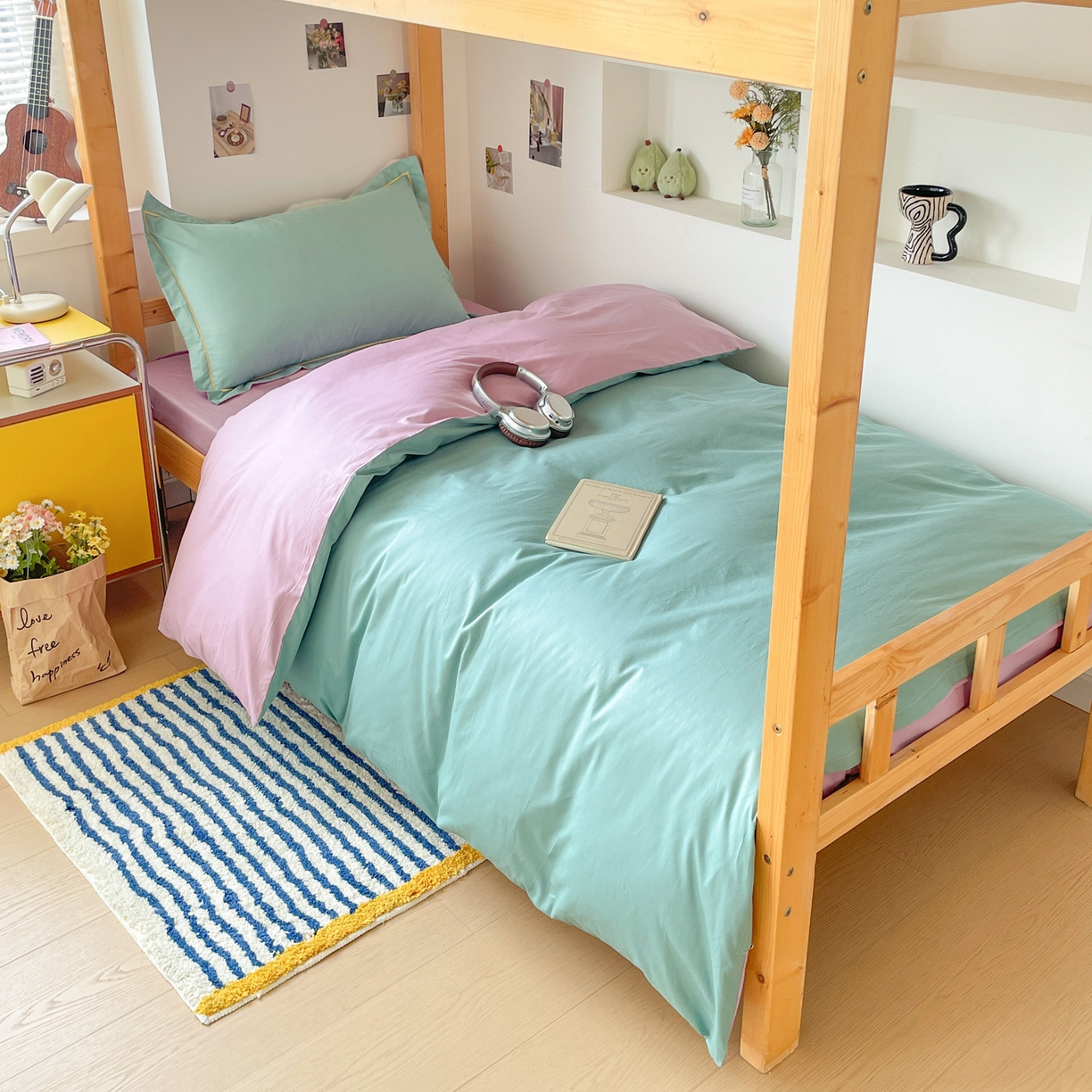 91家纺网 家纺一手货源 找家纺 恩泽家纺 2025新款全棉双拼学生宿舍三件套 灰绿+香芋紫