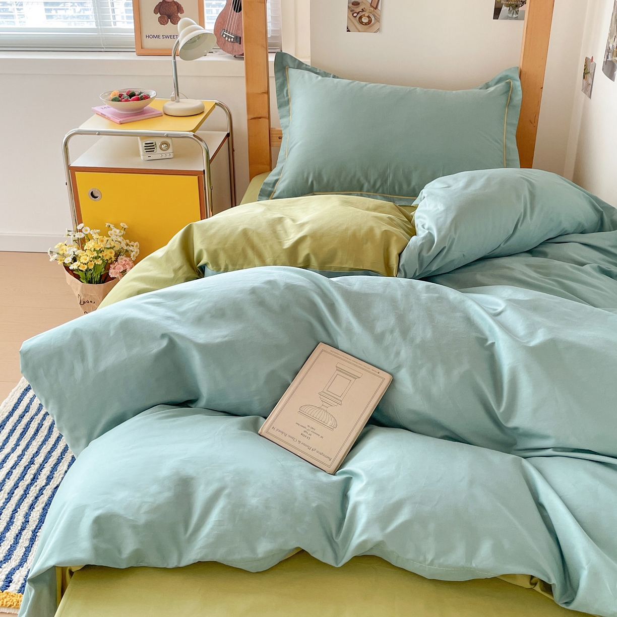 91家纺网 家纺一手货源 找家纺 恩泽家纺 2025新款全棉双拼学生宿舍三件套 灰绿+果绿