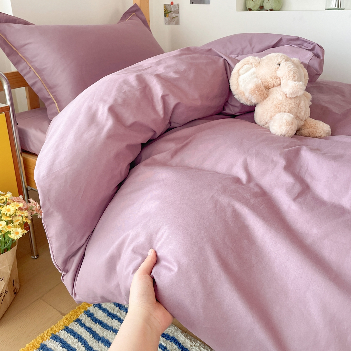 91家纺网 家纺一手货源 找家纺 恩泽家纺 2025新款全棉双拼学生宿舍三件套 灰紫+香芋紫