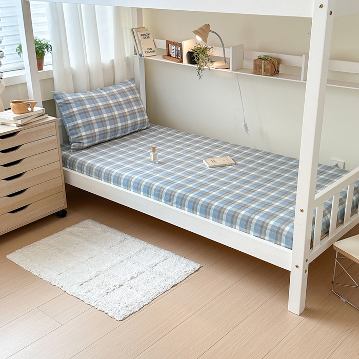 91家纺网 家纺一手货源 找家纺 玖弘家居 2025新款全棉色织水洗棉床笠系列 简兮蓝