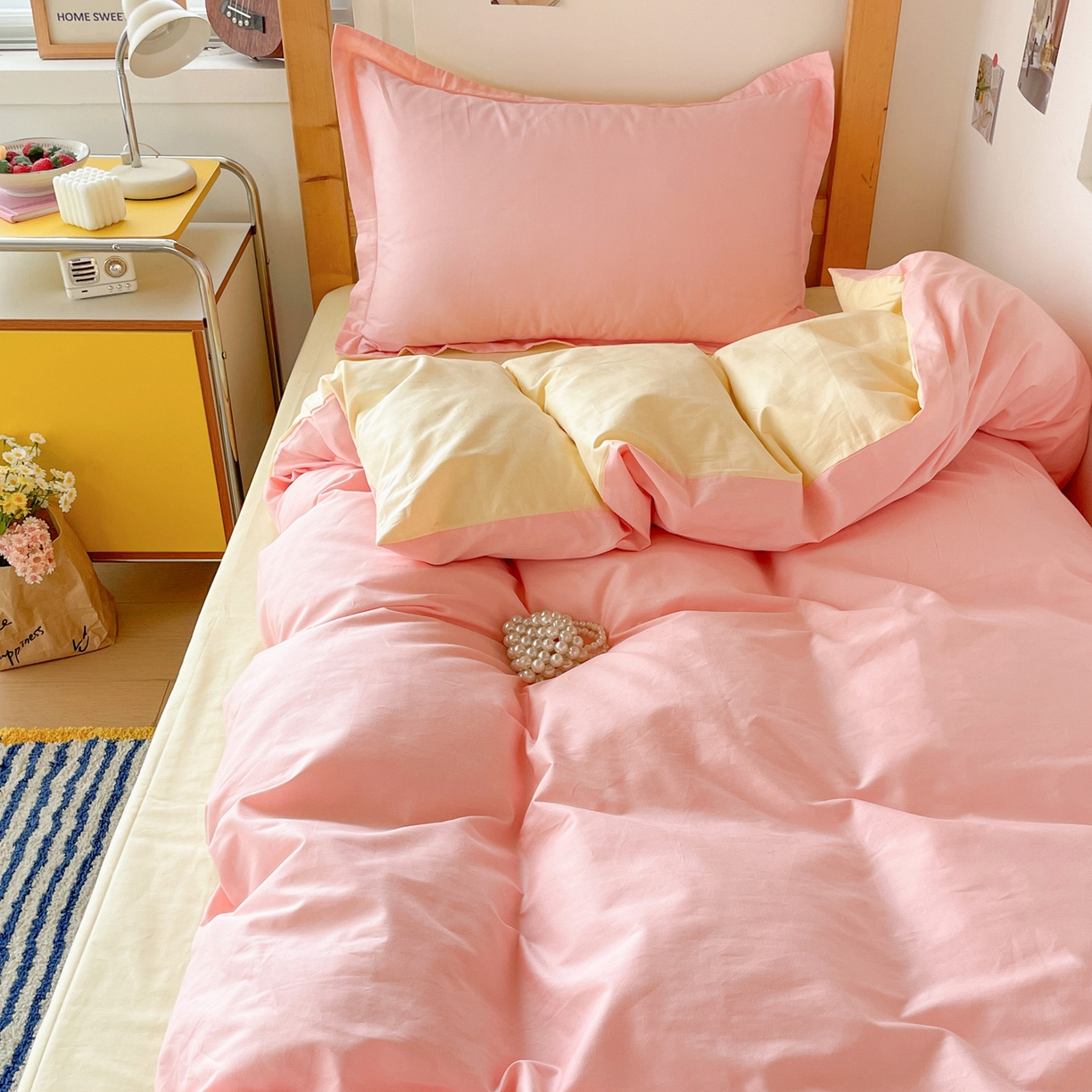 91家纺网 家纺一手货源 找家纺 恩泽家纺 2025新款全棉双拼学生宿舍三件套 玉色+鹅黄