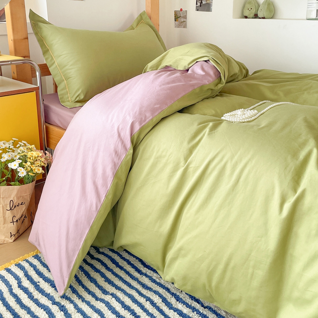 91家纺网 家纺一手货源 找家纺 恩泽家纺 2025新款全棉双拼学生宿舍三件套 果绿+香芋紫