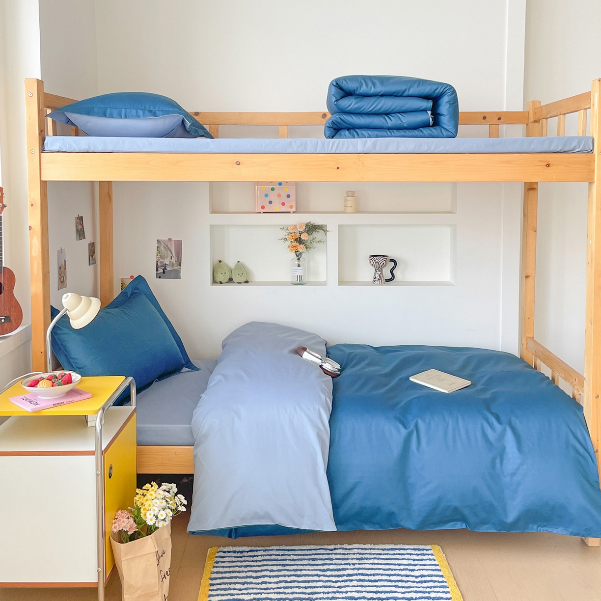 91家纺网 家纺一手货源 找家纺 恩泽家纺 2025新款全棉双拼学生宿舍三件套 宝蓝+月白兰