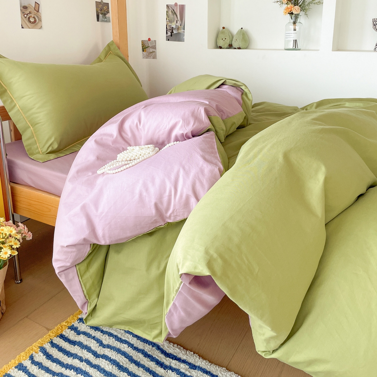 91家纺网 家纺一手货源 找家纺 恩泽家纺 2025新款全棉双拼学生宿舍三件套 果绿+香芋紫