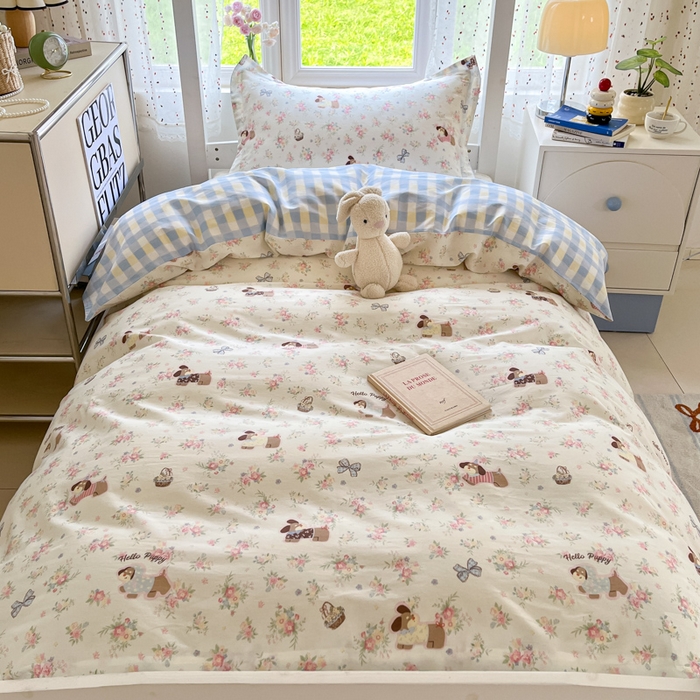 91家纺网 家纺一手货源 找家纺 莱通家纺 2025新款12868学生宿舍三件套 花田小狗