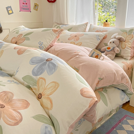 首尔家纺 2025新款学生季全棉跑量款四件套系列卡通小清新AB版学生三件套 春日小花-兰