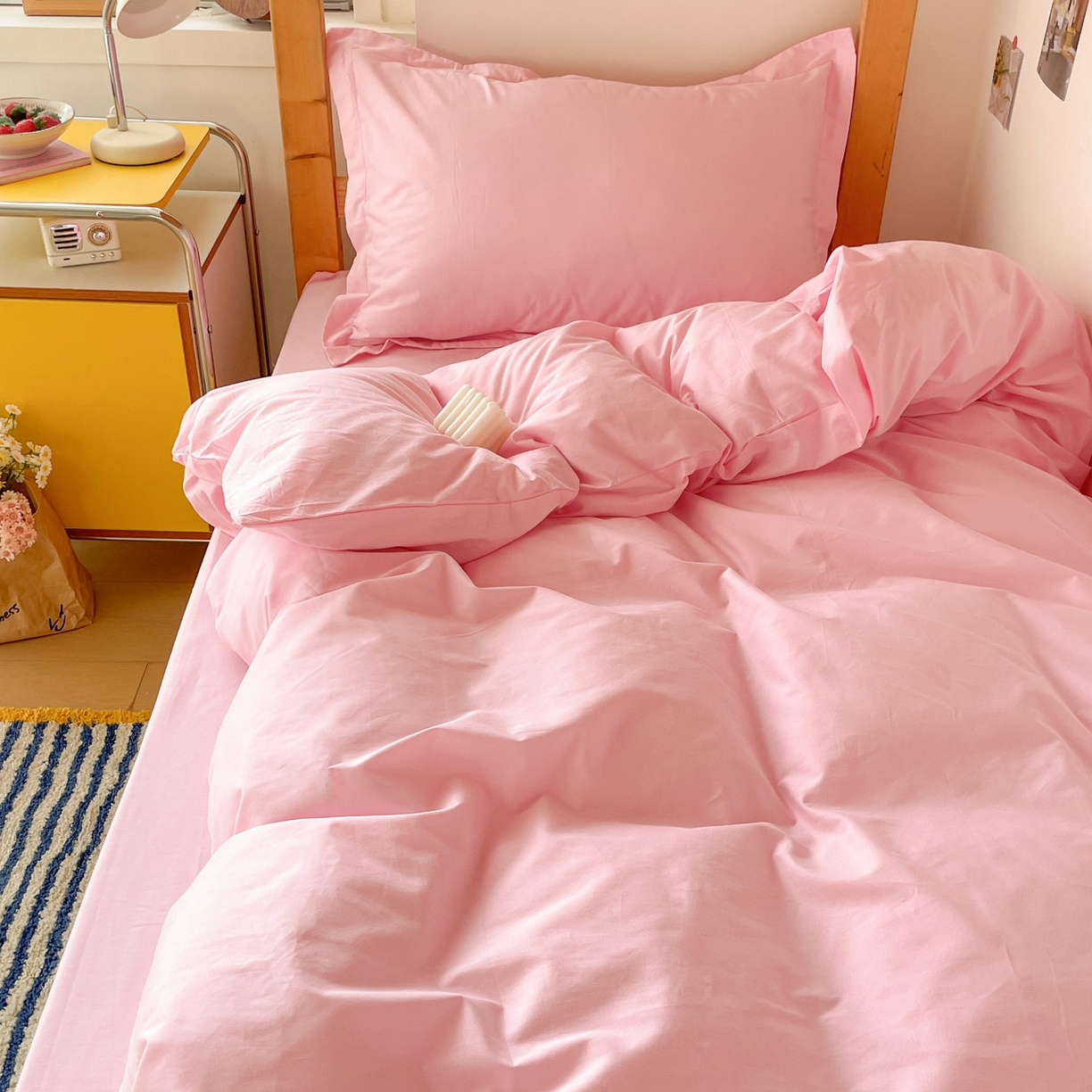 91家纺网 家纺一手货源 找家纺 恩泽家纺 2025新款全棉双拼学生宿舍三件套 粉色