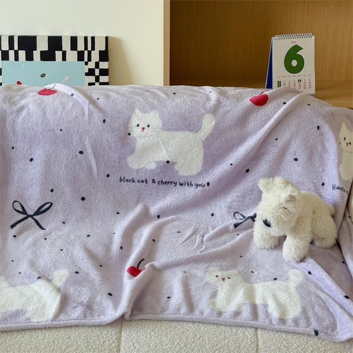 91家纺网 家纺一手货源 找家纺 顾里家纺 2025新款ins少女奶油系双面牛奶绒毯-第二组 小紫猫