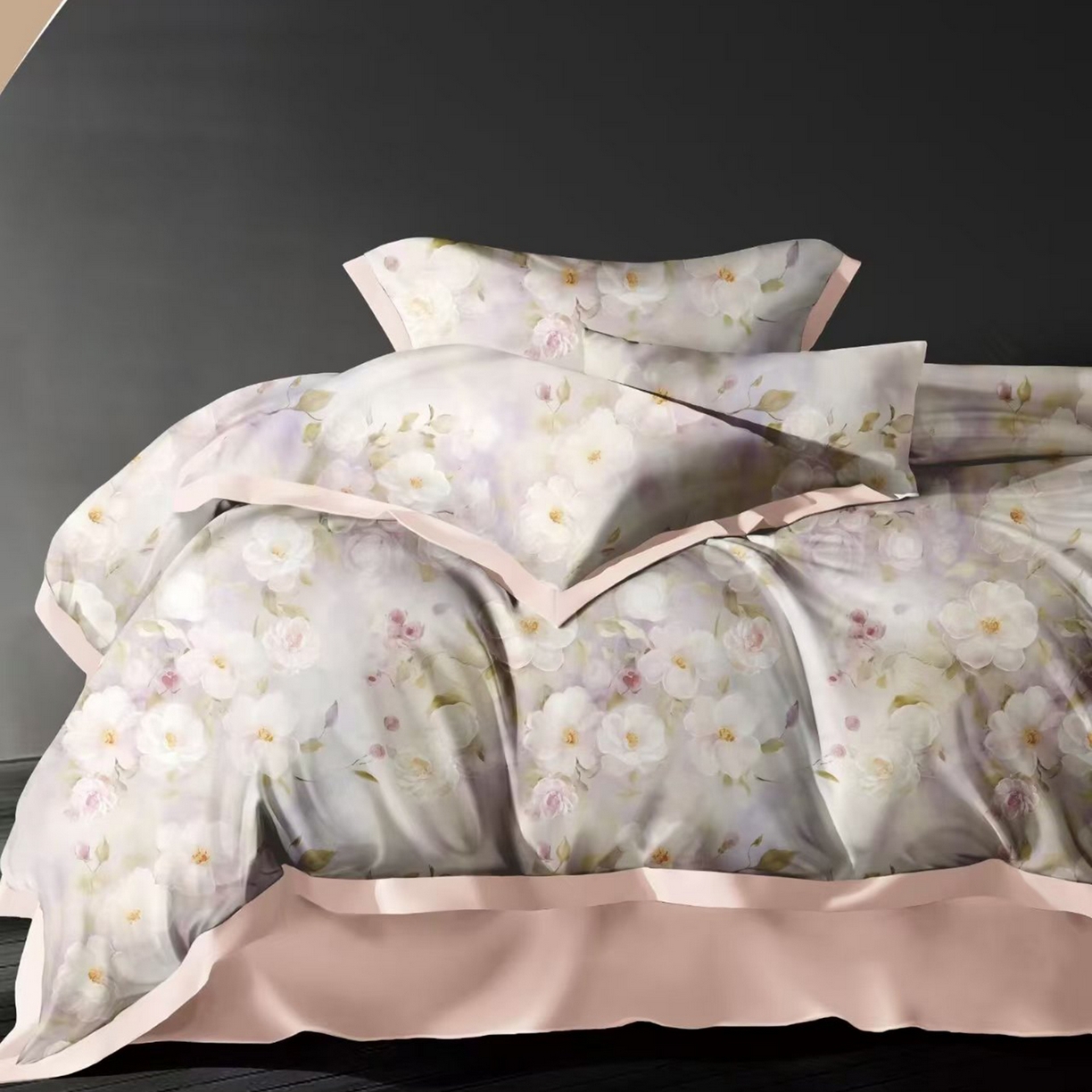 91家纺网 家纺一手货源 找家纺 未来家居 2025新款优帝UD莱赛尔天丝四件套 烟雨蒙蒙-粉