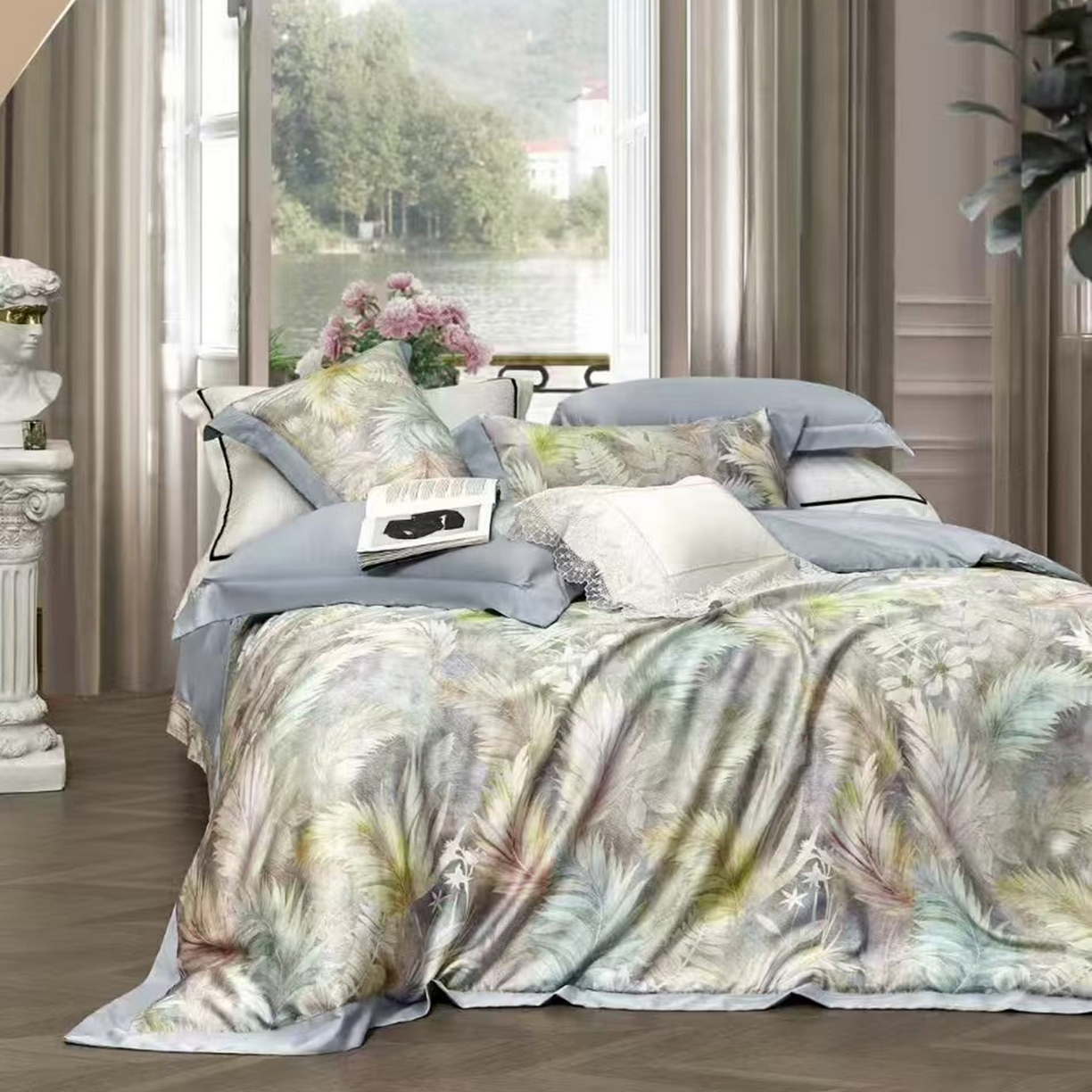 91家纺网 家纺一手货源 找家纺 未来家居 2025新款优帝UD莱赛尔天丝四件套 羽叶-绿