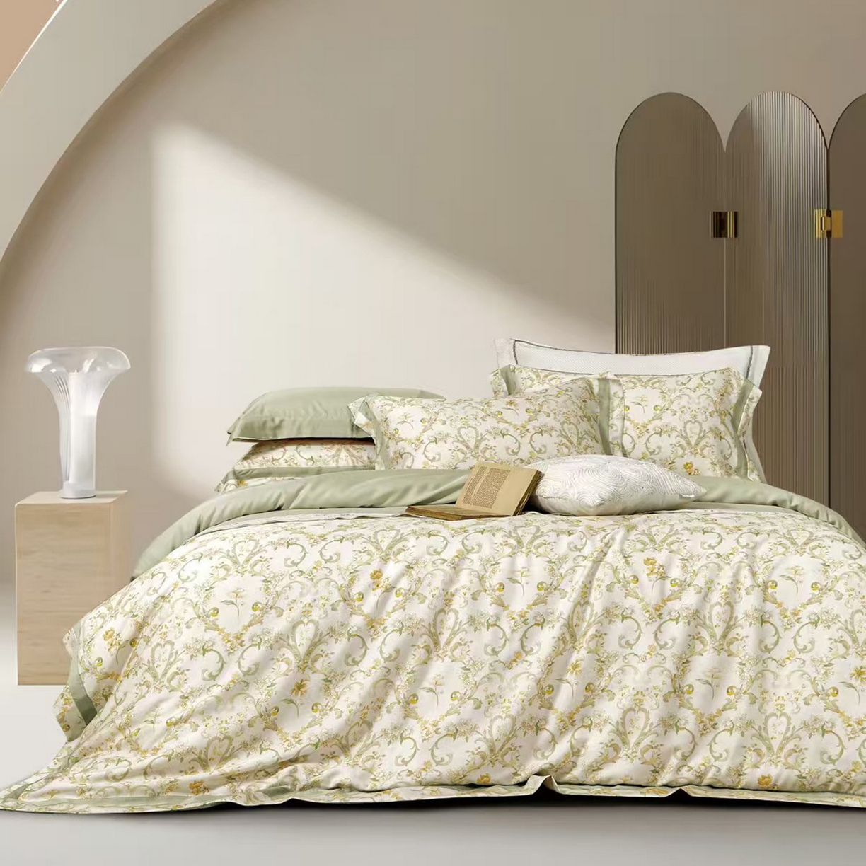 91家纺网 家纺一手货源 找家纺 未来家居 2025新款优帝UD莱赛尔天丝四件套 月夕花朝-绿