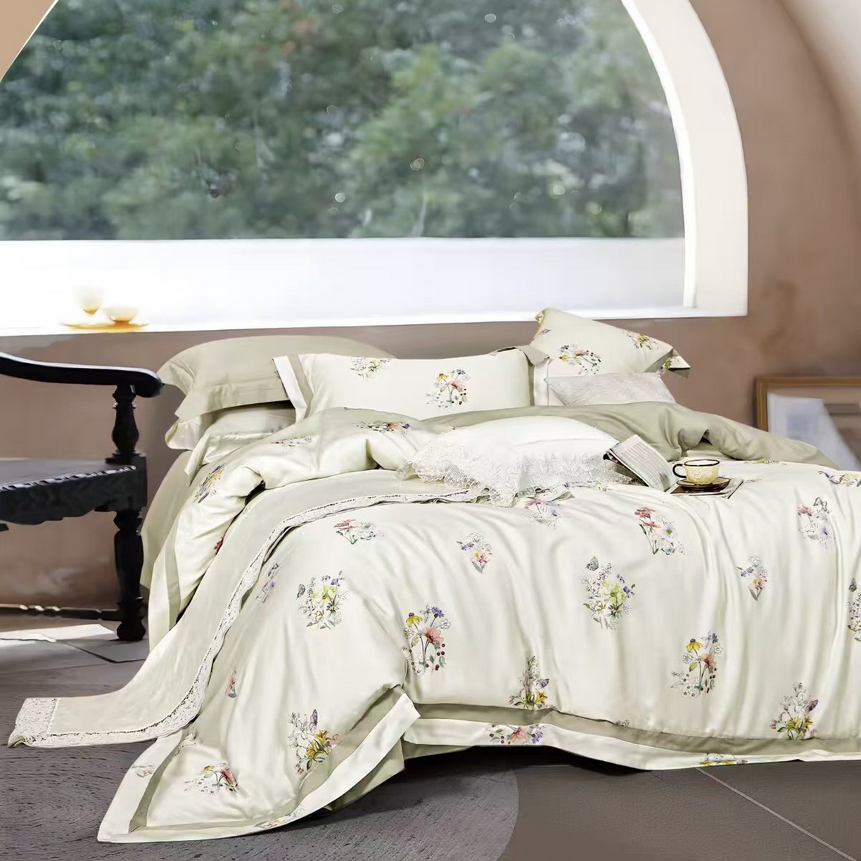 91家纺网 家纺一手货源 找家纺 未来家居 2025新款优帝UD莱赛尔天丝四件套 长浅薇-绿