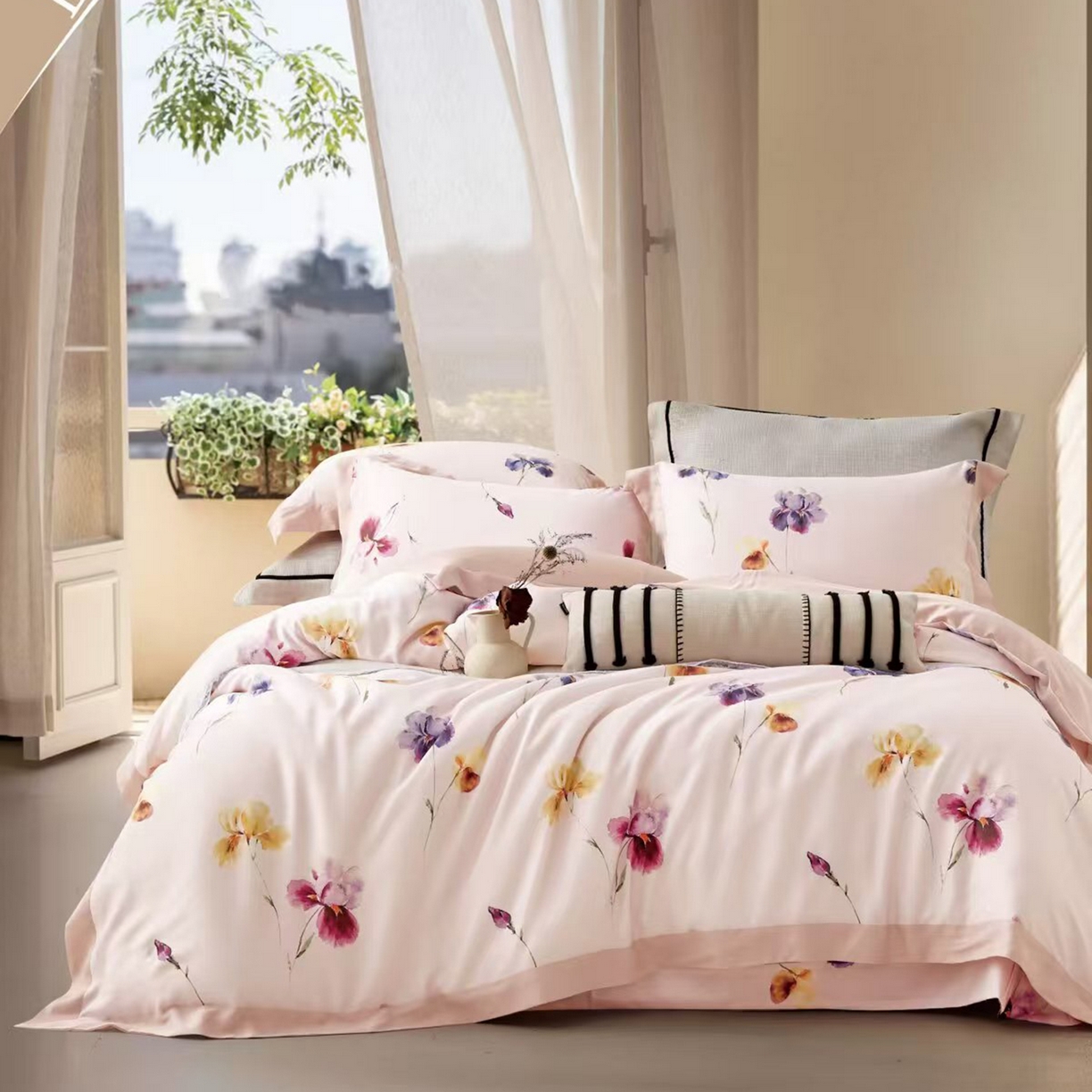 91家纺网 家纺一手货源 找家纺 未来家居 2025新款优帝UD莱赛尔天丝四件套 栀子花开-粉