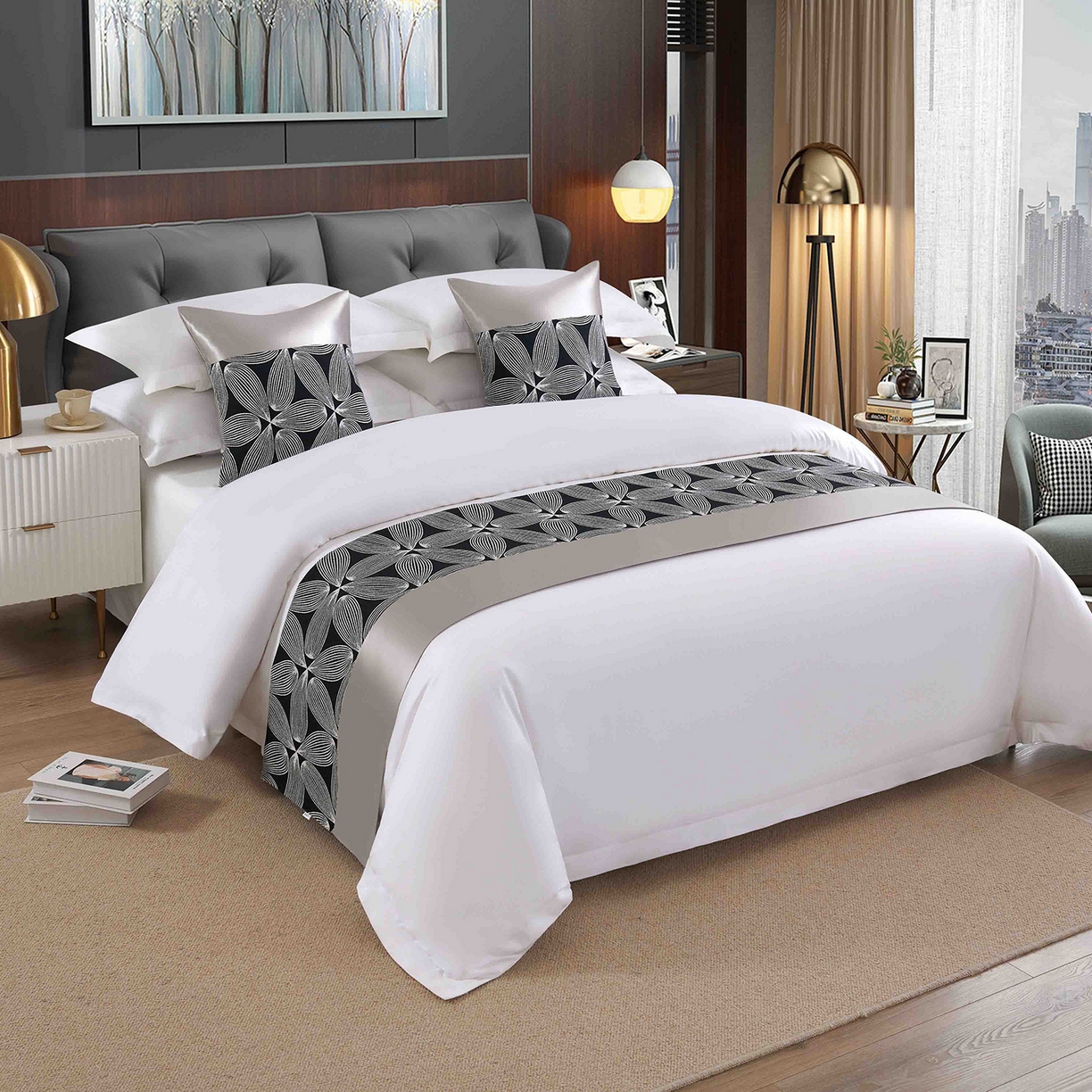 91家纺网 家纺一手货源 找家纺 澜昕 酒店民宿床尾巾床旗轻奢抱枕套床盖 大花瓣