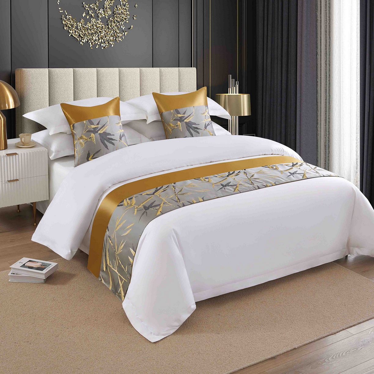 91家纺网 家纺一手货源 找家纺 澜昕 酒店民宿床尾巾床旗轻奢抱枕套床盖 富贵竹银色