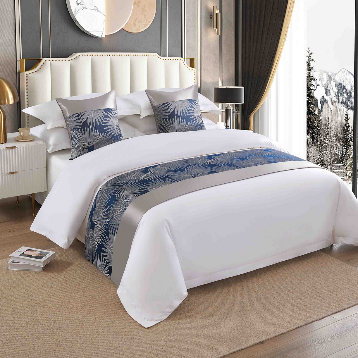 91家纺网 家纺一手货源 找家纺 澜昕 酒店民宿床尾巾床旗轻奢抱枕套床盖 棕榈叶