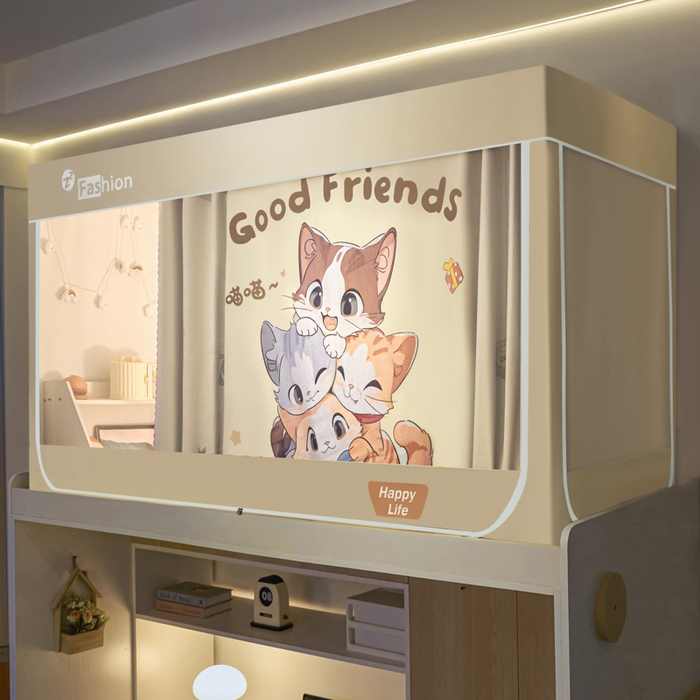 91家纺网 家纺一手货源 找家纺 铭宣家居 2025新款100%物理强遮光纳米技术静电植绒环保透气床帘加密纱学生蚊帐透气面料 叠叠猫