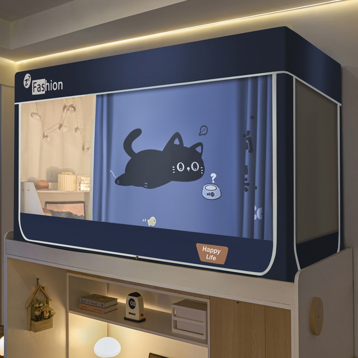 91家纺网 家纺一手货源 找家纺 铭宣家居 2025新款100%物理强遮光纳米技术静电植绒环保透气床帘加密纱学生蚊帐透气面料 躺赢猫