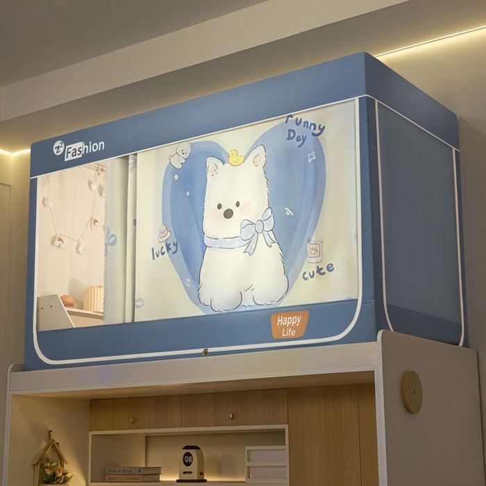 91家纺网 家纺一手货源 找家纺 铭宣家居 2025新款100%物理强遮光纳米技术静电植绒环保透气床帘加密纱学生蚊帐透气面料 爱心萌犬