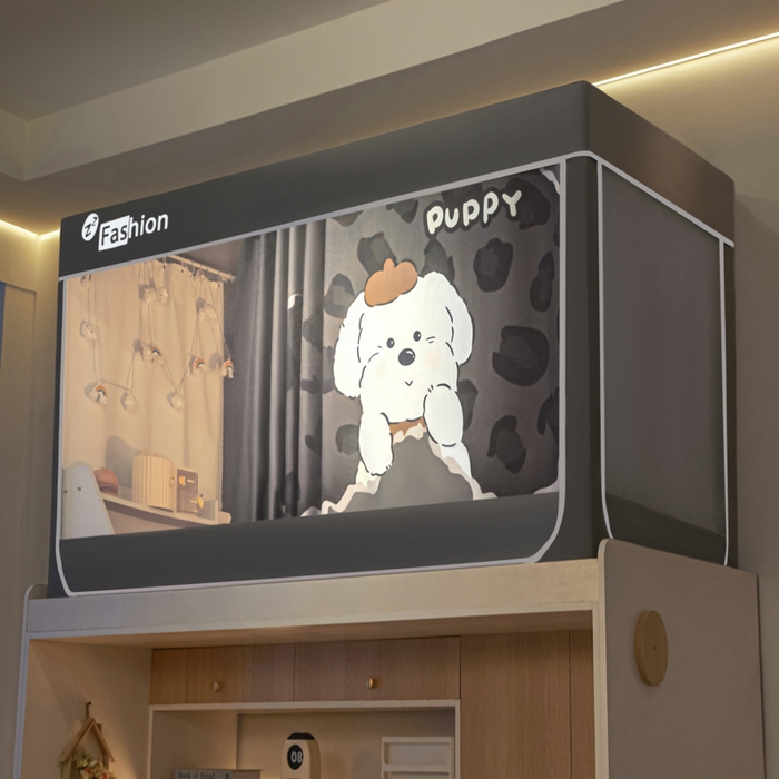 91家纺网 家纺一手货源 找家纺 铭宣家居 2025新款100%物理强遮光纳米技术静电植绒环保透气床帘加密纱学生蚊帐透气面料 豹纹狗狗