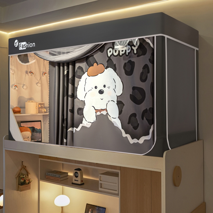 91家纺网 家纺一手货源 找家纺 铭宣家居 2025新款100%物理强遮光纳米技术静电植绒环保透气床帘加密纱学生蚊帐透气面料 豹纹狗狗