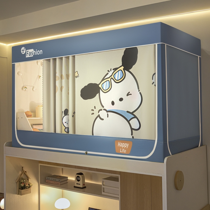 铭宣家居 2025新款100%物理强遮光纳米技术静电植绒环保透气床帘加密纱学生蚊帐透气面料 酷萌小汪